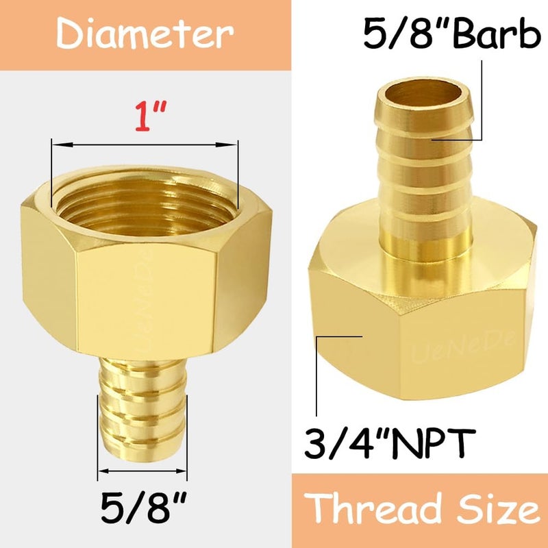 Uenede 3PCS Brass Hose Barb Fittings 3/4" NPT Female to 5/8" Barb Adapter Connector Include 3 Stainless Steel Clamps for Water/Oil/Gas - Image 2